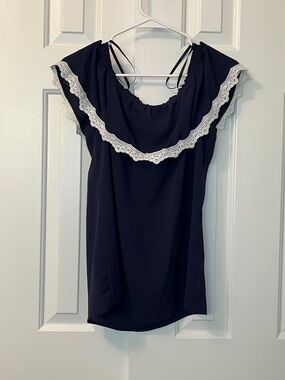 A.U.W. Top Blouse Blue White Off Shoulder Flounce Lace Stretch Size S